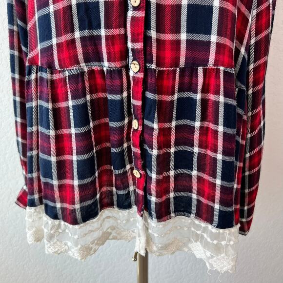 Vintage 90s Y2K Womens Button Up Tunic Top Plaid Lace Long Sleeve Western 2X - Picture 8 of 10